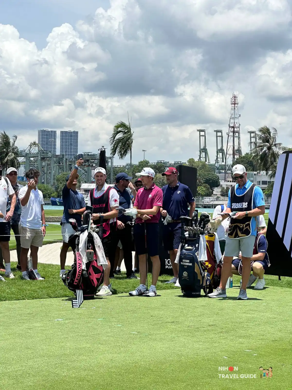Bryson DeChambeau, Tom McKibbin & Marc Leishman waiting at hole 11 Liv Golf Singapore 2025