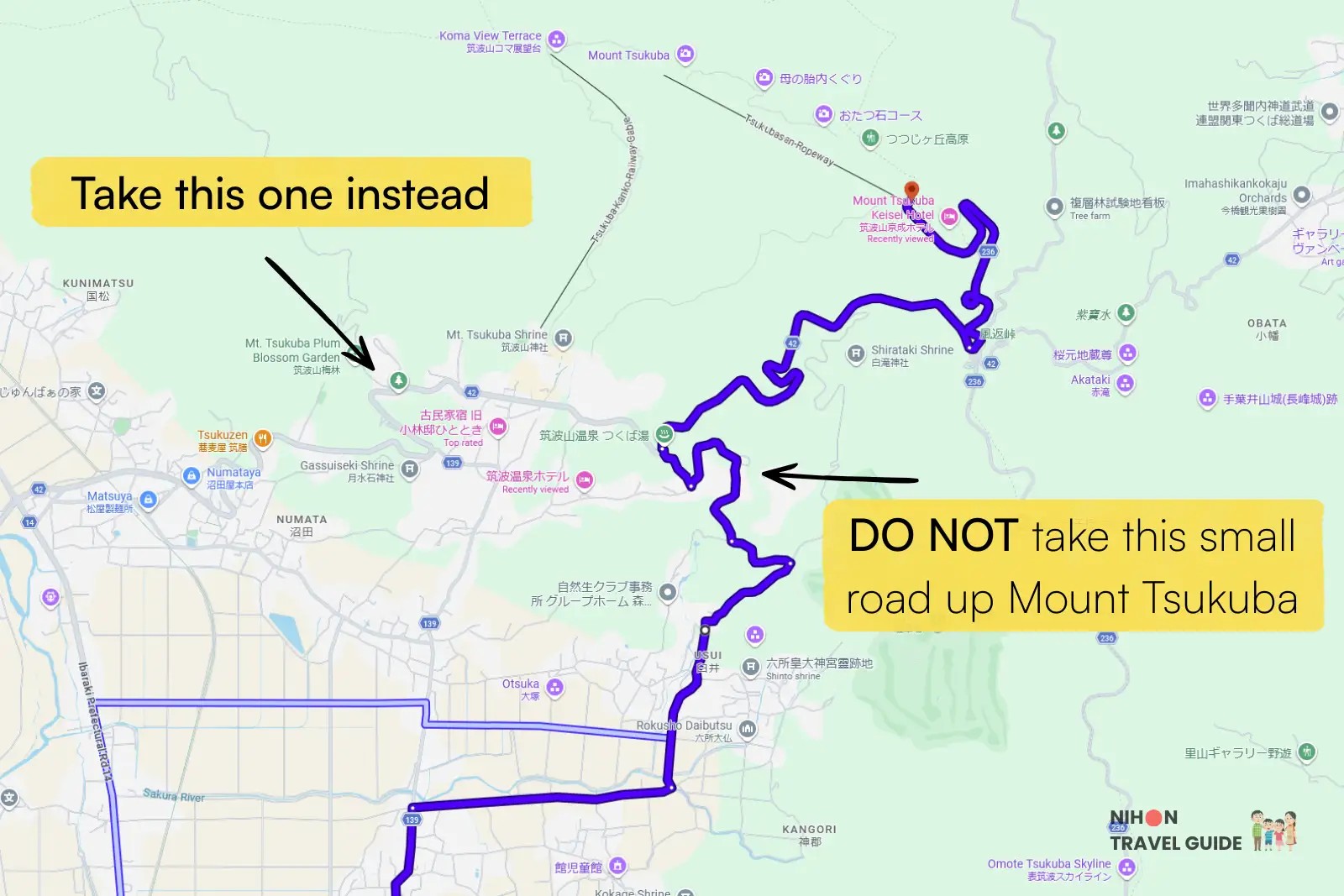 Mount Tsukuba Small Road Map of Mount Tsukuba small one lane road to avoid.