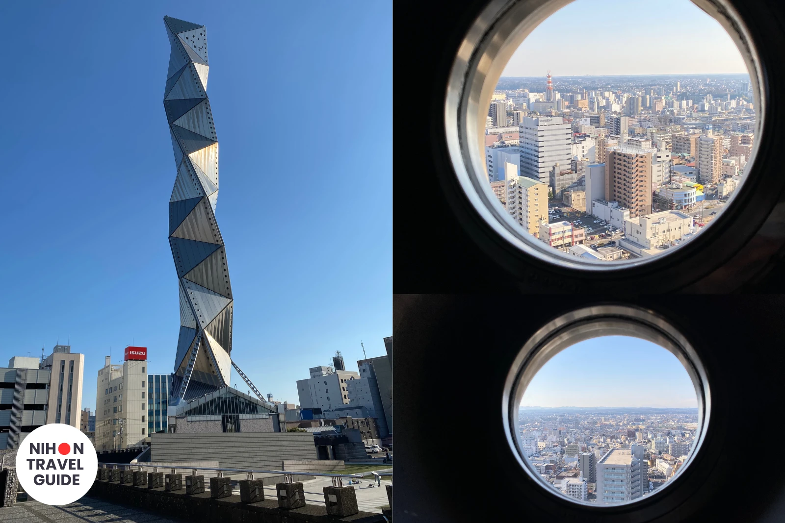 Photo collage of Art Tower Mito in Ibaraki, Japan: left side shows the full 100-metre titanium spiral tower from the ground plaza with an Isuzu dealership sign visible below; right side shows two views through circular porthole windows on the 86.4-metre observation deck, including Mito City's east-facing skyline with a red-and-white broadcast tower on the horizon