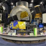 JAXA ALOS-4 (DAICHI-4) satellite engineering model with LUICAS laser communication system exhibit at Tsukuba Space Center Space Dome.