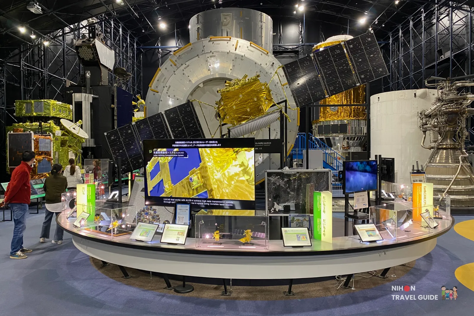 JAXA ALOS-4 (DAICHI-4) satellite engineering model with LUICAS laser communication system exhibit at Tsukuba Space Center Space Dome.