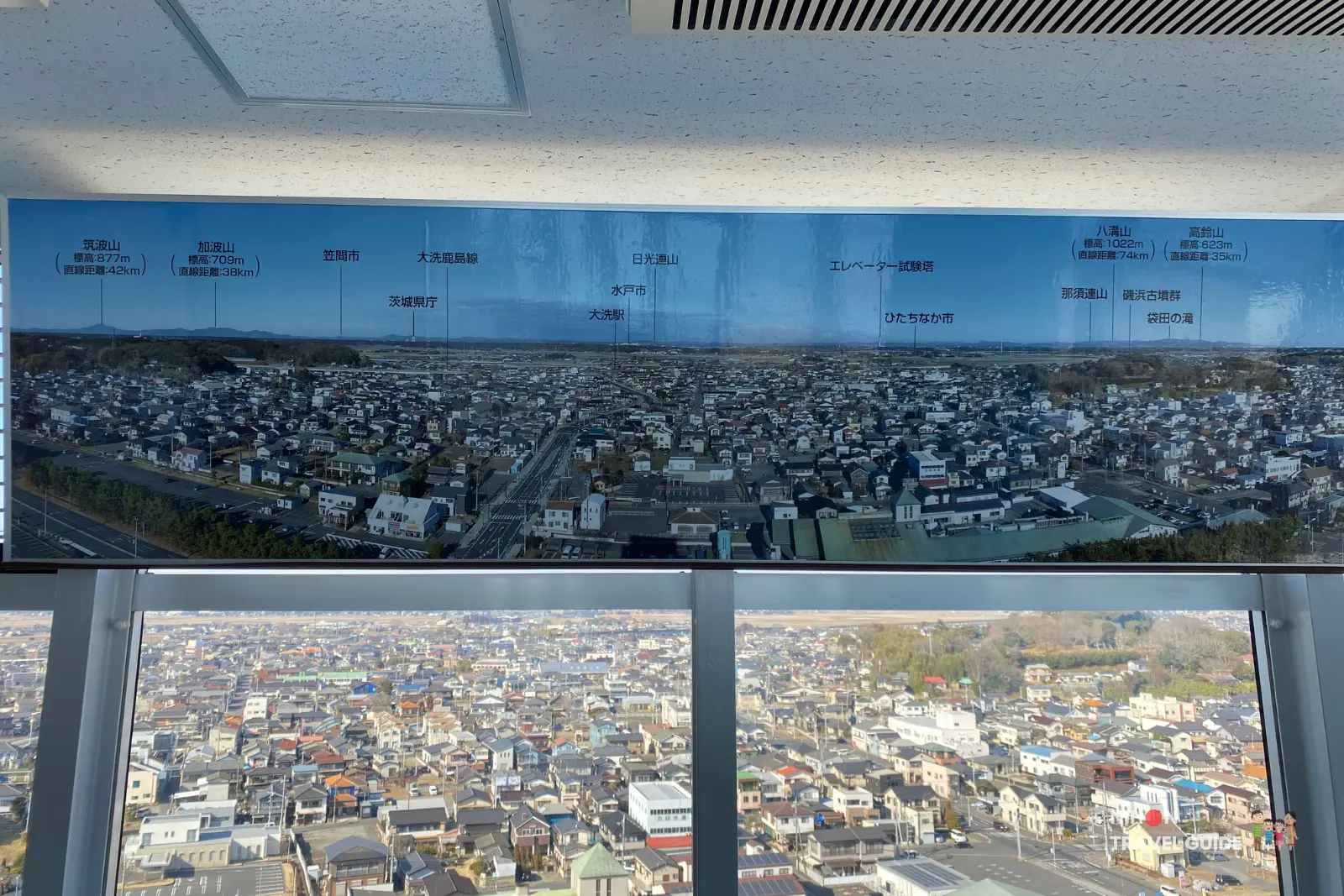 Northwest panoramic view from the observation deck of Oarai Marine Tower with the landmark identification board labeling visible mountains and towns including Mount Tsukuba (877m, 42km), Mount Kaba (709m, 38km), Mito City, Kasama City, Hitachinaka City, and Fukuroda Waterfall, Ibaraki Prefecture, Japan