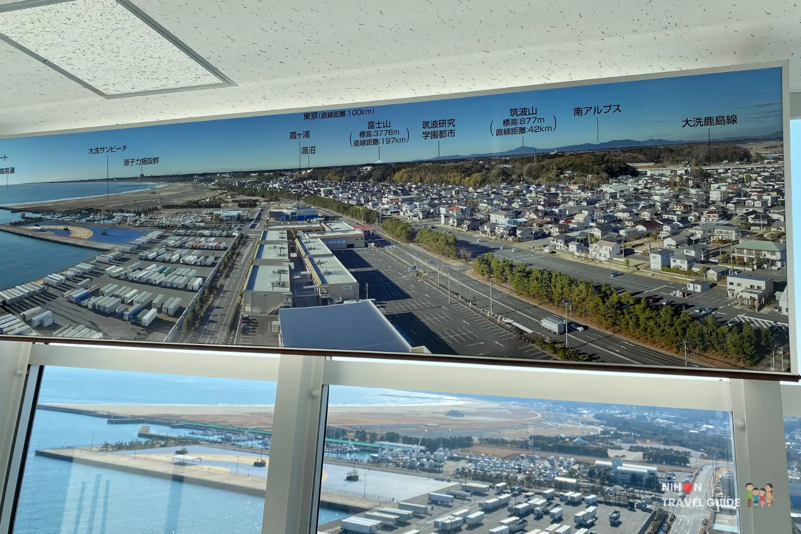 South-facing panoramic view from Oarai Marine Tower observation deck with helpful landmark information board labeling Tokyo (100km), Mount Fuji (197km), Tsukuba Mountain (42km), Southern Alps, Oarai Beach, and nuclear power plant facilities, Ibaraki Prefecture, Japan