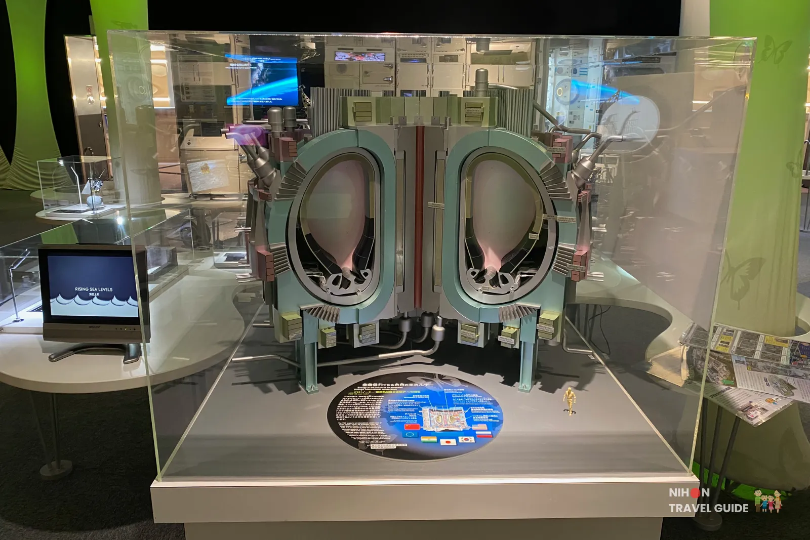 Large detailed model of the JT-60 nuclear fusion reactor (vacuum vessel) on the second floor of Tsukuba Expo Center. The exhibit explains Japan’s leading research in nuclear fusion energy with clear diagrams and a small figurine for scale.