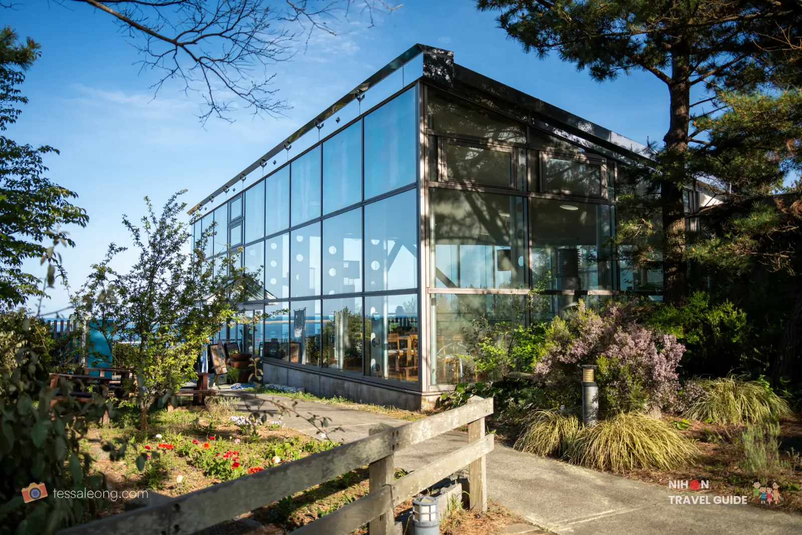 Modern Glass House Cafe (Glass House Sea Side Cafe) in the Sand Dunes area at Hitachi Seaside Park.
