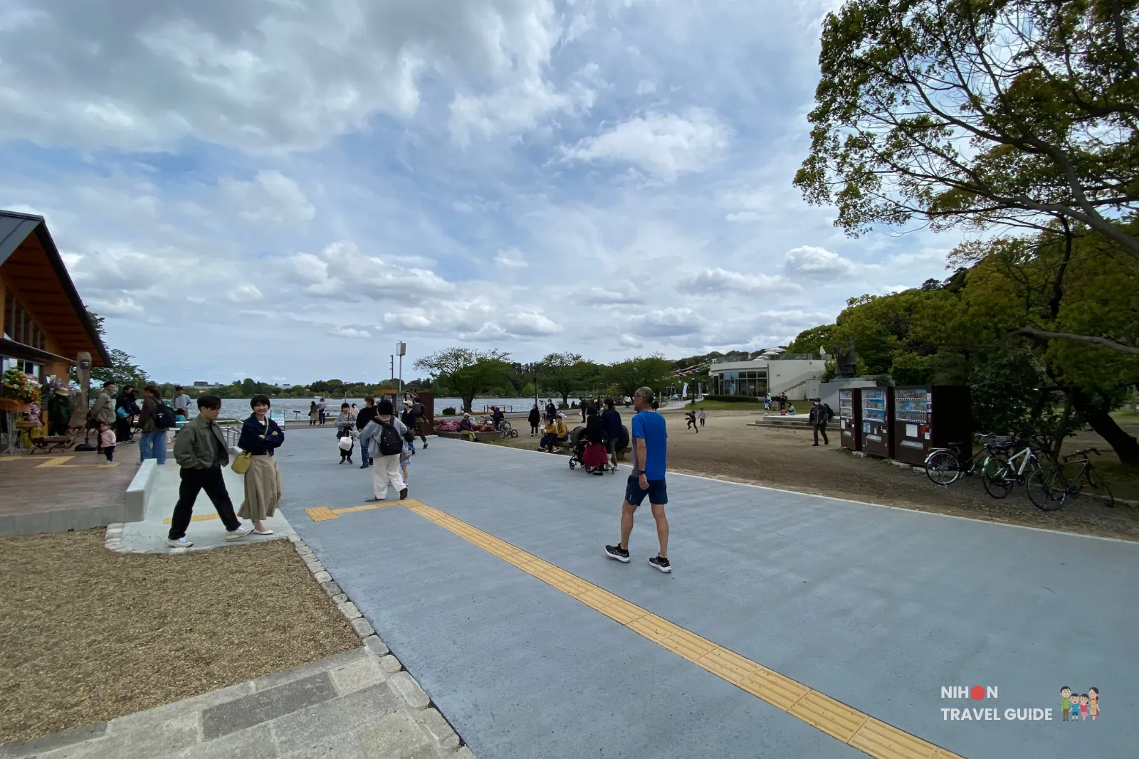 Scenic lakeside promenade at Mito Kobun Terrace overlooking Lake Senba in Mito, Ibaraki