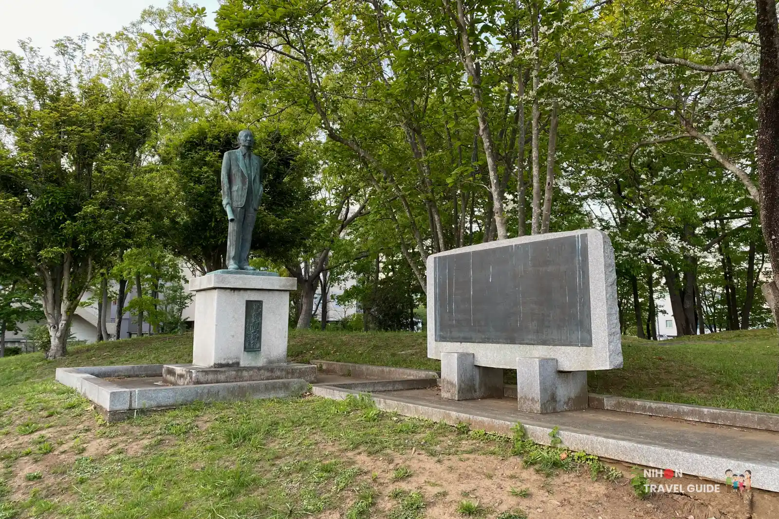 Bronze statue of Fujisawa Kanbei, a key figure in the development of Tsukuba Science City, at Matsumi Park in Tsukuba.