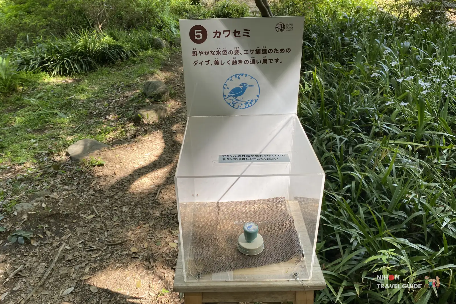 Stamp rally station No.5 "Kawasemi" (Kingfisher) at Peony Garden Tokyo, featuring a blue kingfisher illustration along a wooded path.