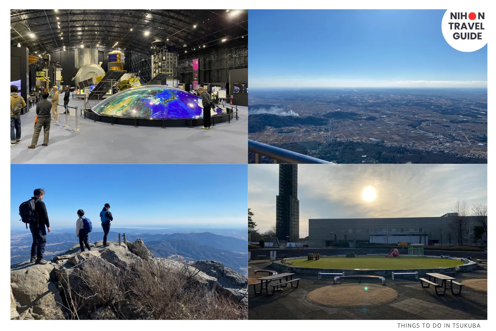 Collage of top attractions in Tsukuba: JAXA exhibition hall with Earth globe, sweeping view from Mount Tsukuba summit, and Matsumi Park observation tower at sunset.