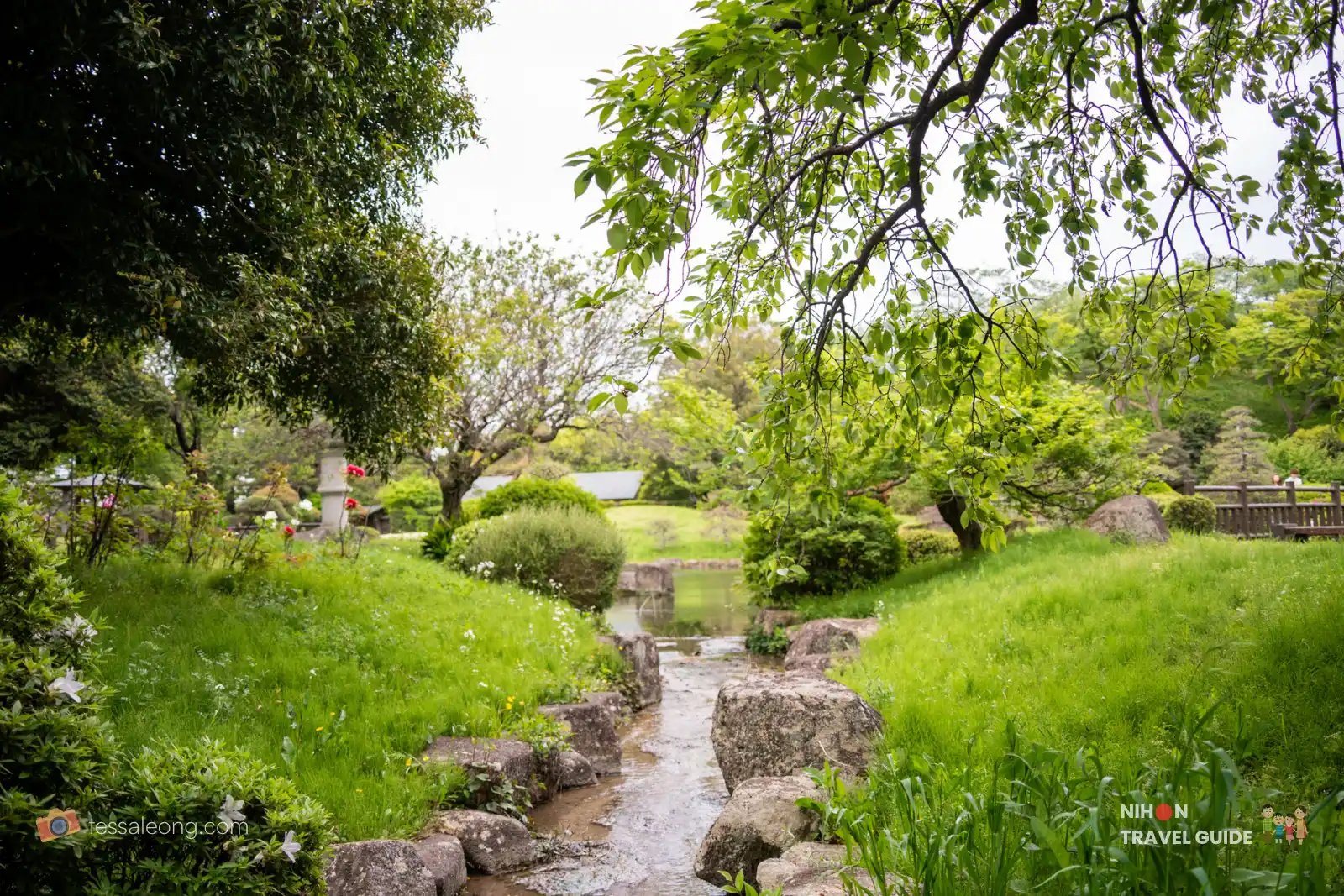 Tranquil stream and stone lantern surrounded by lush greenery in the Japanese Garden at Akebonoyama Park