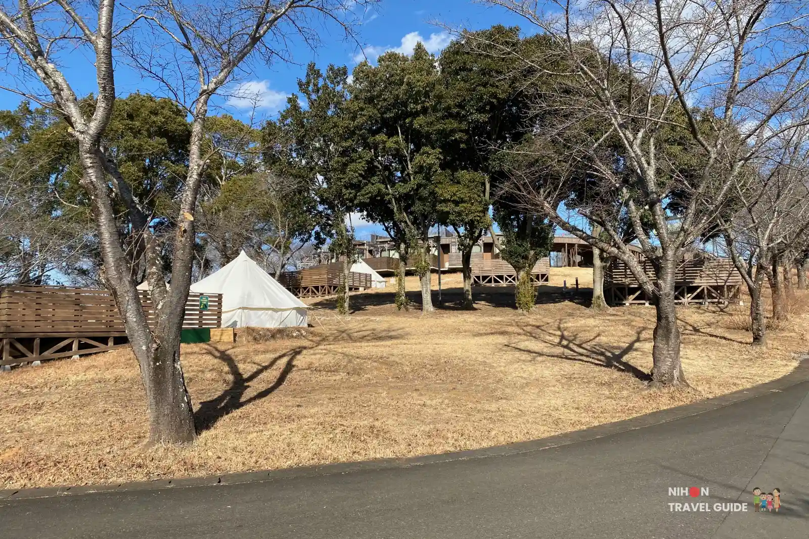 Glamping tents at Hanayasatoyama camping area in Ibaraki Flower Park during winter.