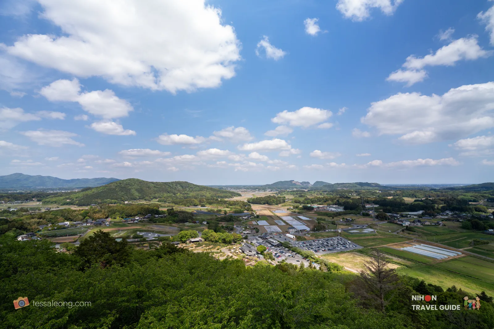 Panoramic view from the top of Hanayasatoyama at Ibaraki Flower Park overlooking the countryside and mountains.