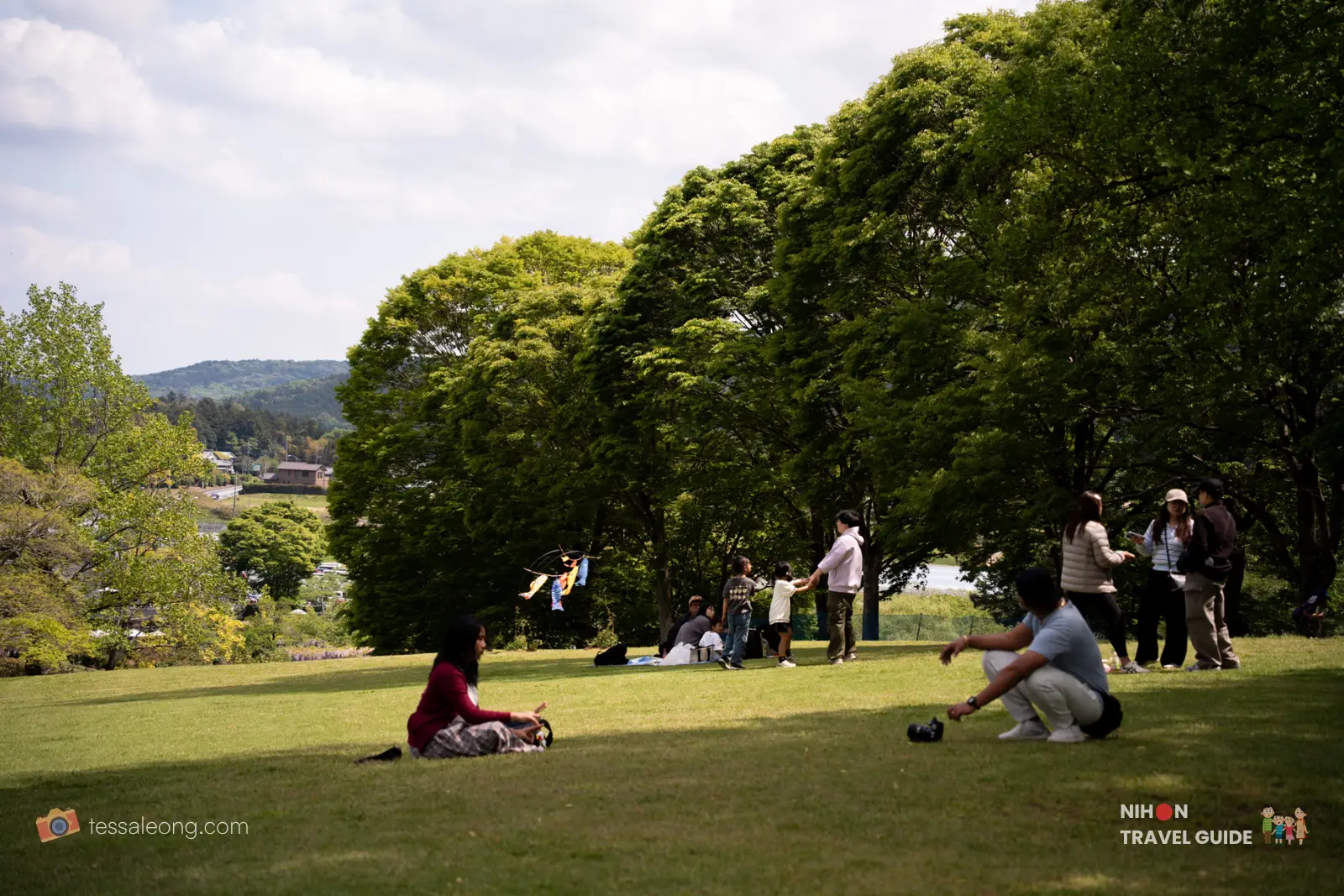 Visitors relaxing and picnicking on the spacious lawn at Ibaraki Flower Park with beautiful trees and hills in the background.