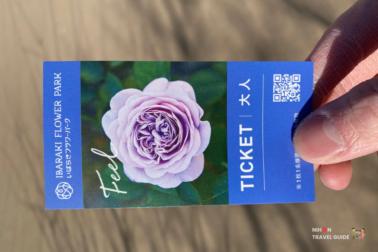 Ibaraki Flower Park adult admission ticket in Winter featuring a beautiful purple rose with "Feel" slogan.