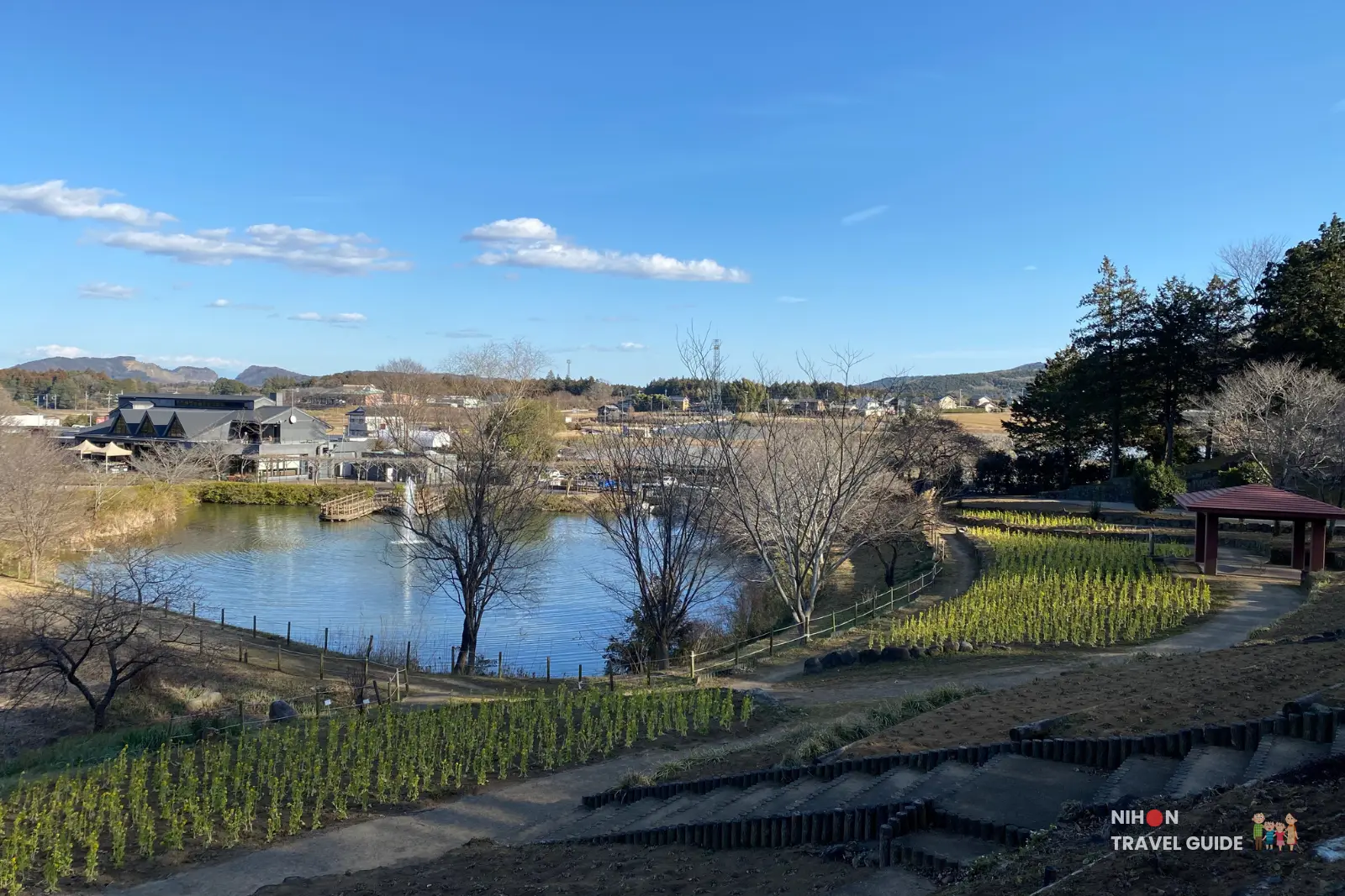 Winter landscape view of Ibaraki Flower Park with pond, fountain, and surrounding hills.