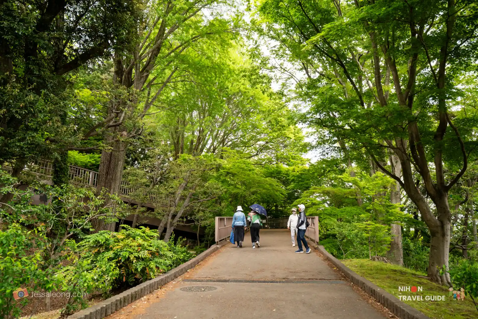 Visitors walking across a bridge on a lush green tree-lined path at Kairakuen Garden.