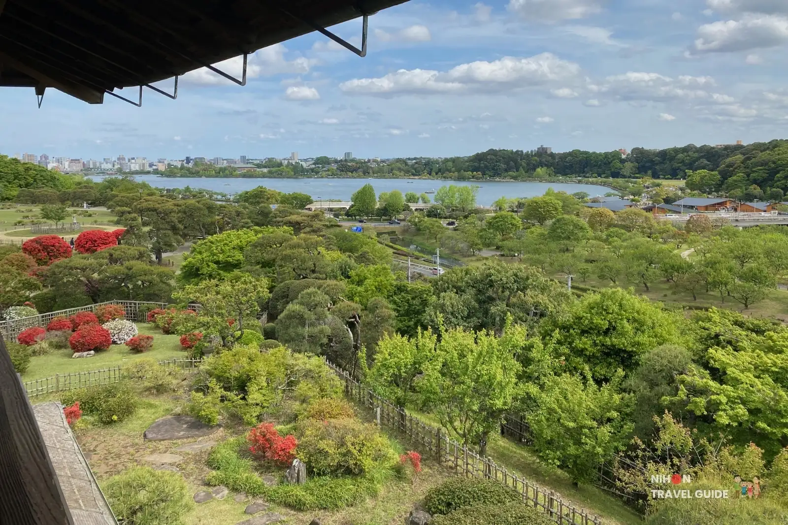 Panoramic view from the 3rd floor Rakujuro of Kobuntei overlooking Lake Senba and Kairakuen Garden in Mito.