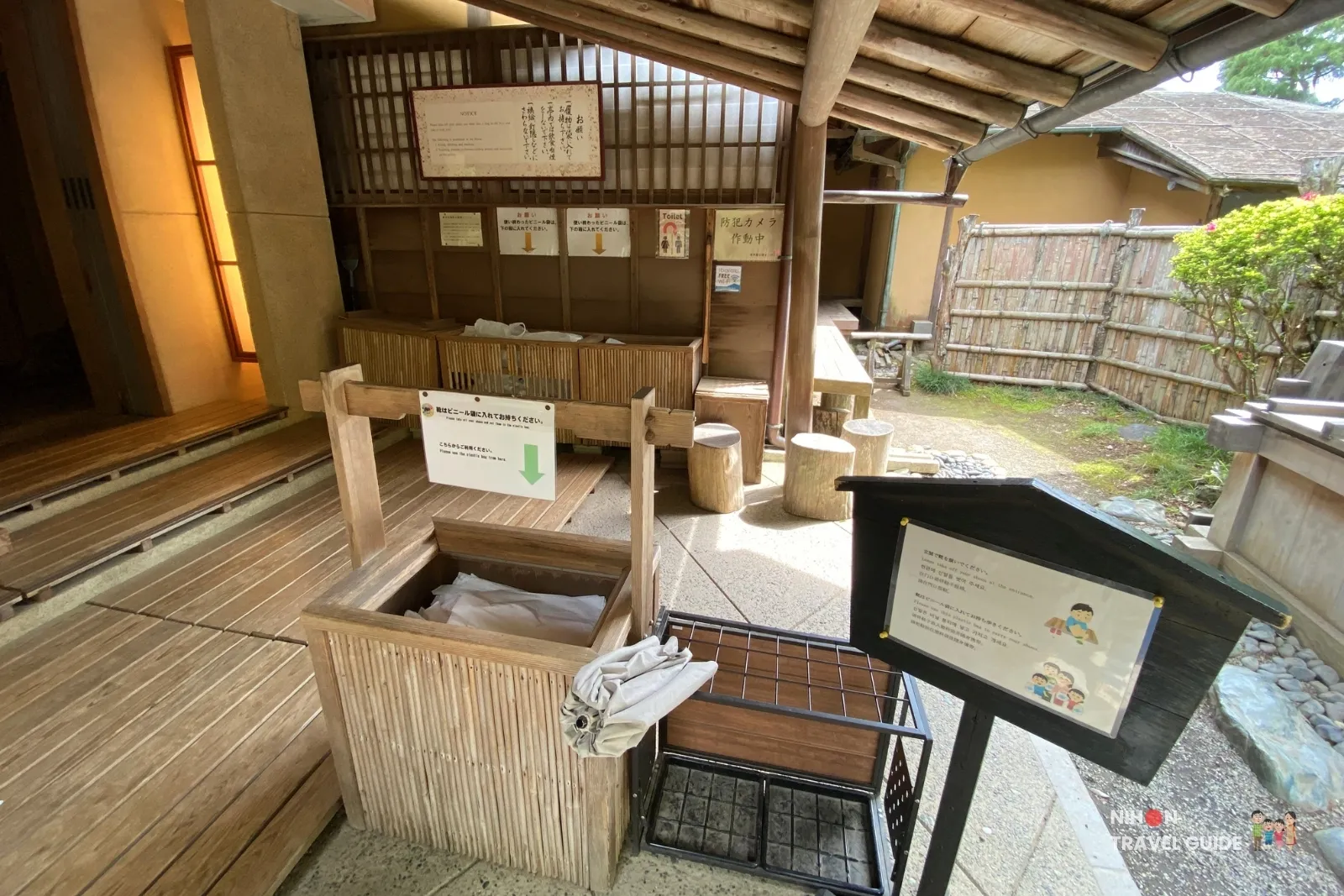 Shoe removal area at the entrance of Kobuntei pavilion inside Kairakuen Garden in Mito.