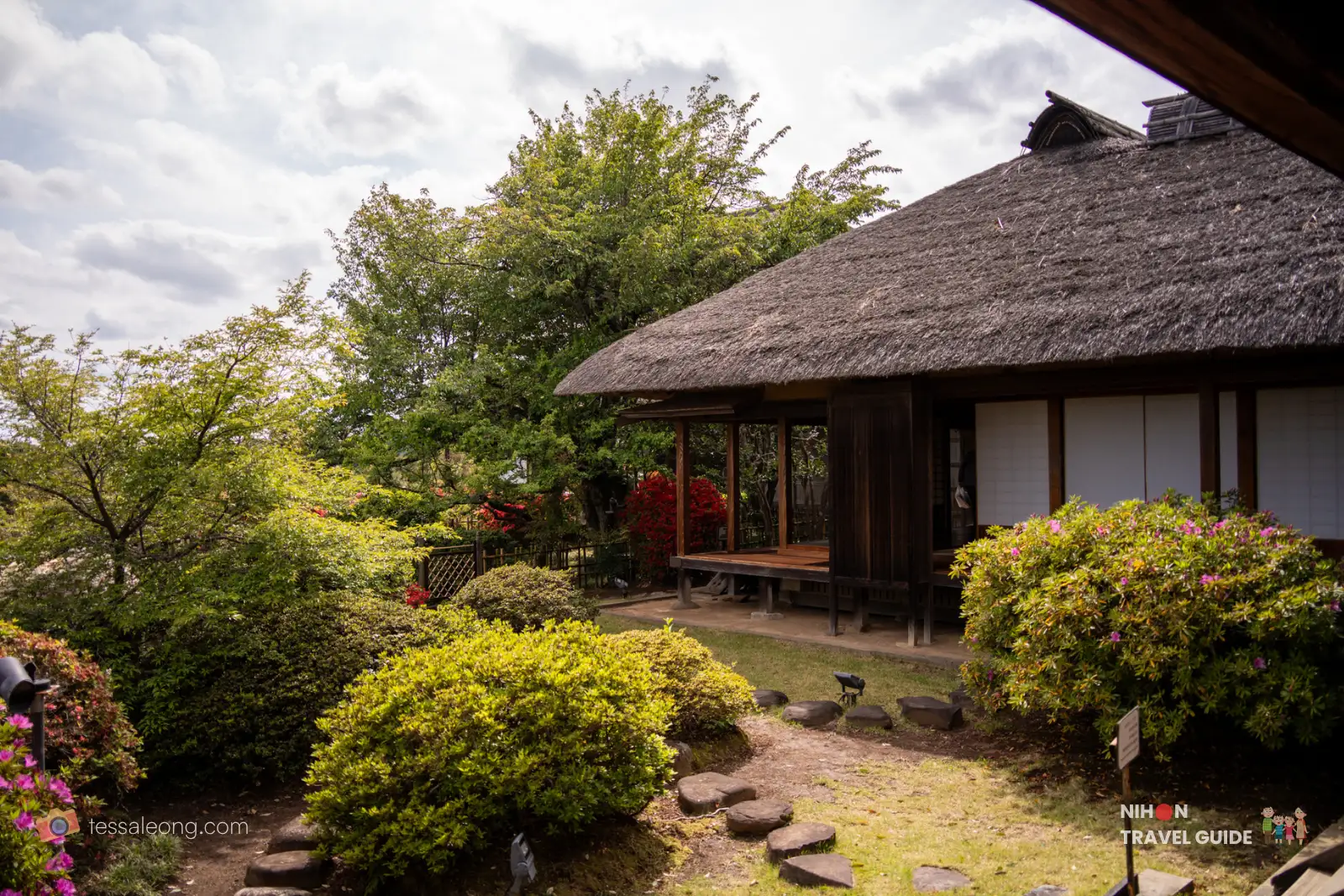 View of the thatched-roof section of Kobuntei pavilion from another part of the building at Kairakuen Garden.