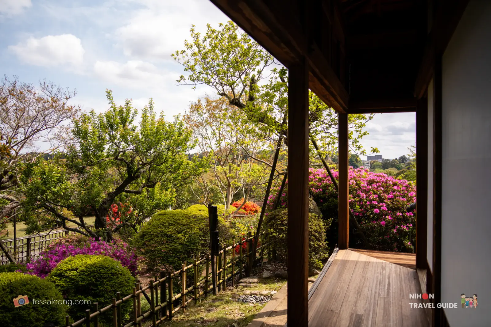 View from the veranda inside Kobuntei overlooking the lush garden and trees at Kairakuen Garden