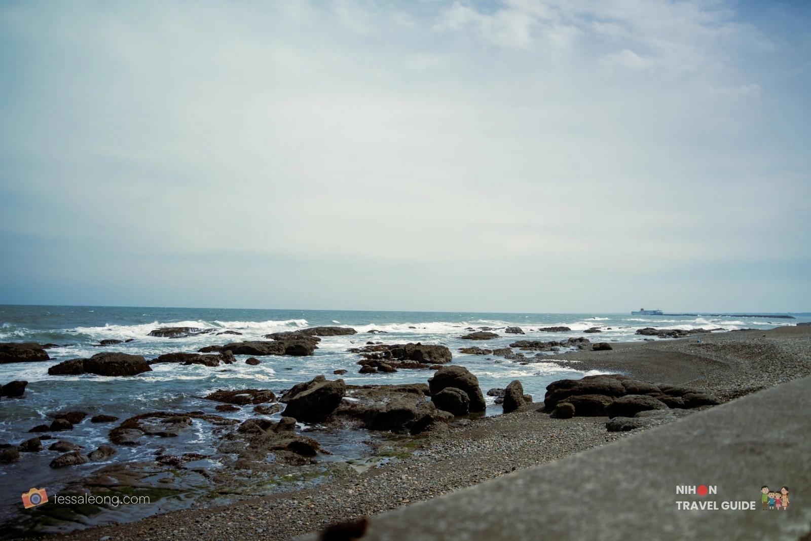 Crashing waves and dark volcanic rocks along the coastline near Oarai Isosaki Shrine, Ibaraki, Japan