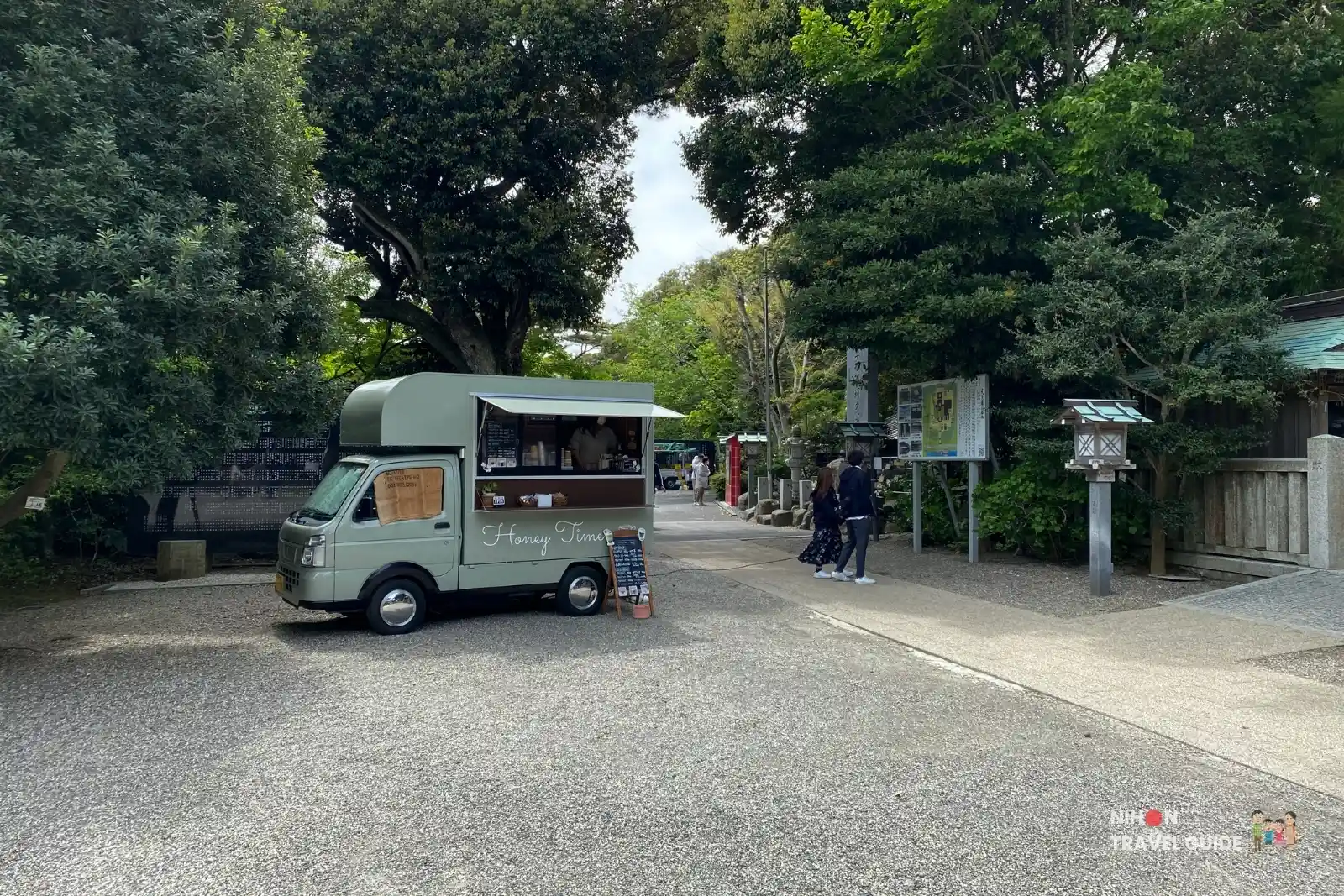 Honey Time coffee van parked under the trees near the entrance of Oarai Isosaki Shrine in Ibaraki, Japan