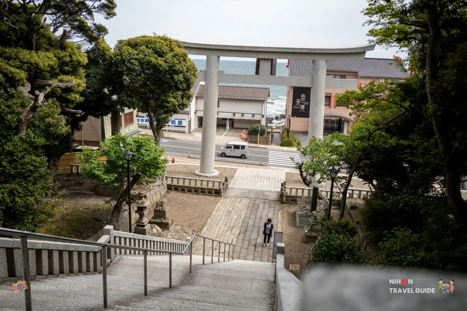 Oarai Isosaki Shrine — stairs view to torii and sea