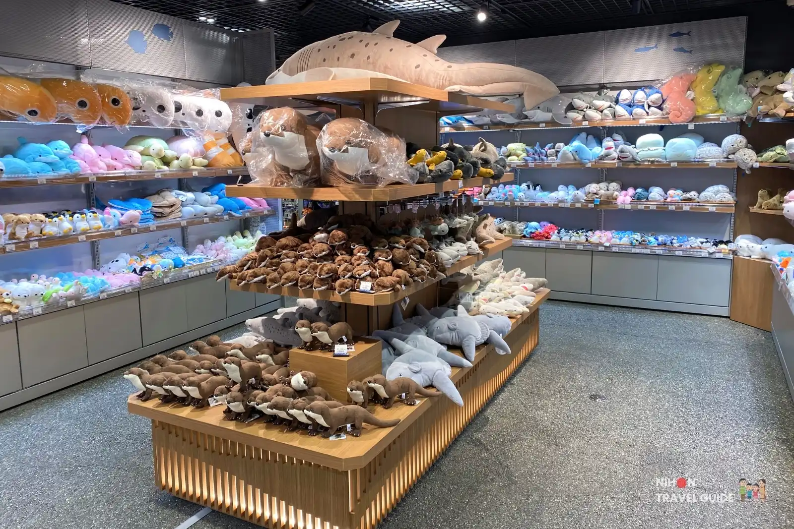 Wide selection of sea animal plush toys including otters, sharks, and other marine creatures at Souvenir Shop Moramora in Aqua World Oarai