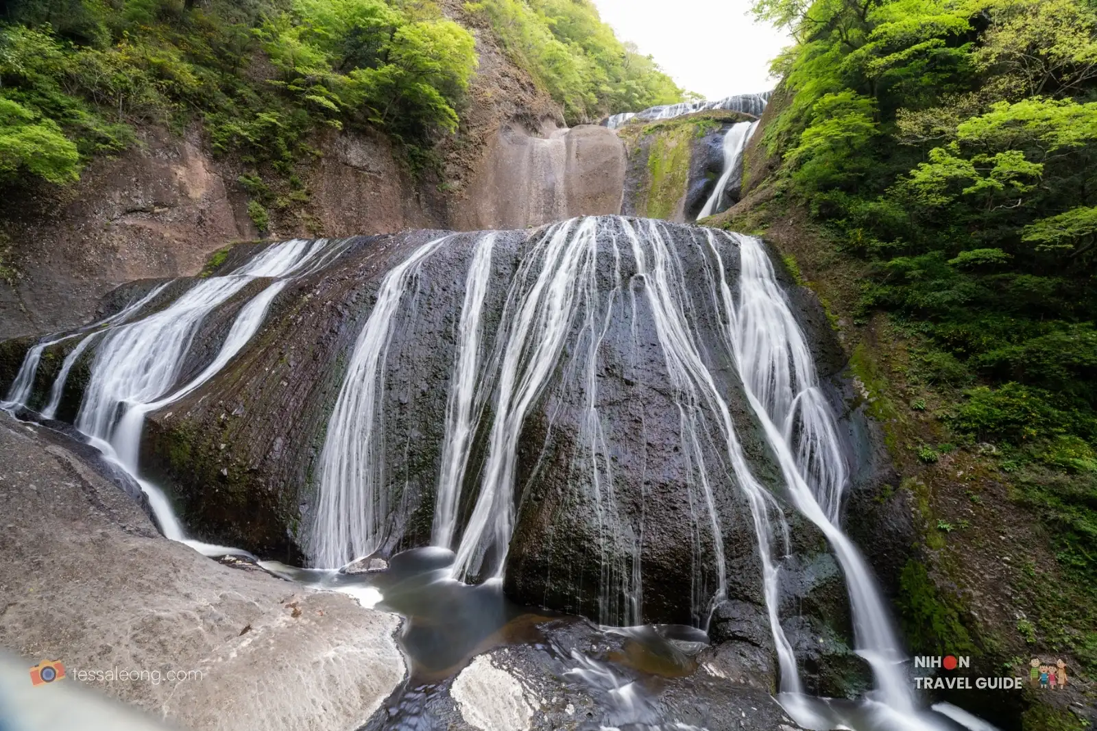 Close-up view of Fukuroda Falls cascading over the dark rock face from the first observation deck, with silky water flow and surrounding greenery