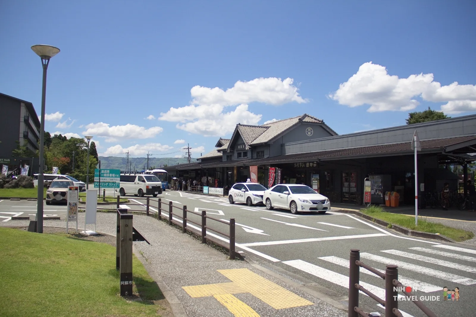 Exterior of JR Aso Station where the Usopp One Piece statue is located in Kumamoto.