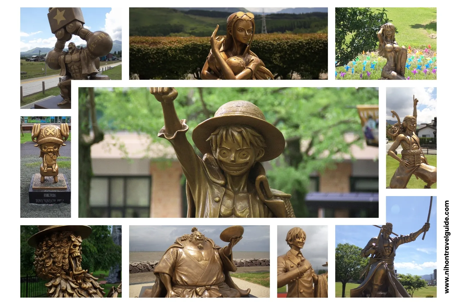 Collage of all 10 One Piece bronze statues in Kumamoto Prefecture, including Luffy, Zoro, Nami, Usopp, Sanji, Chopper, Robin, Franky, Brook and Jinbe from the Kumamoto Revival Project