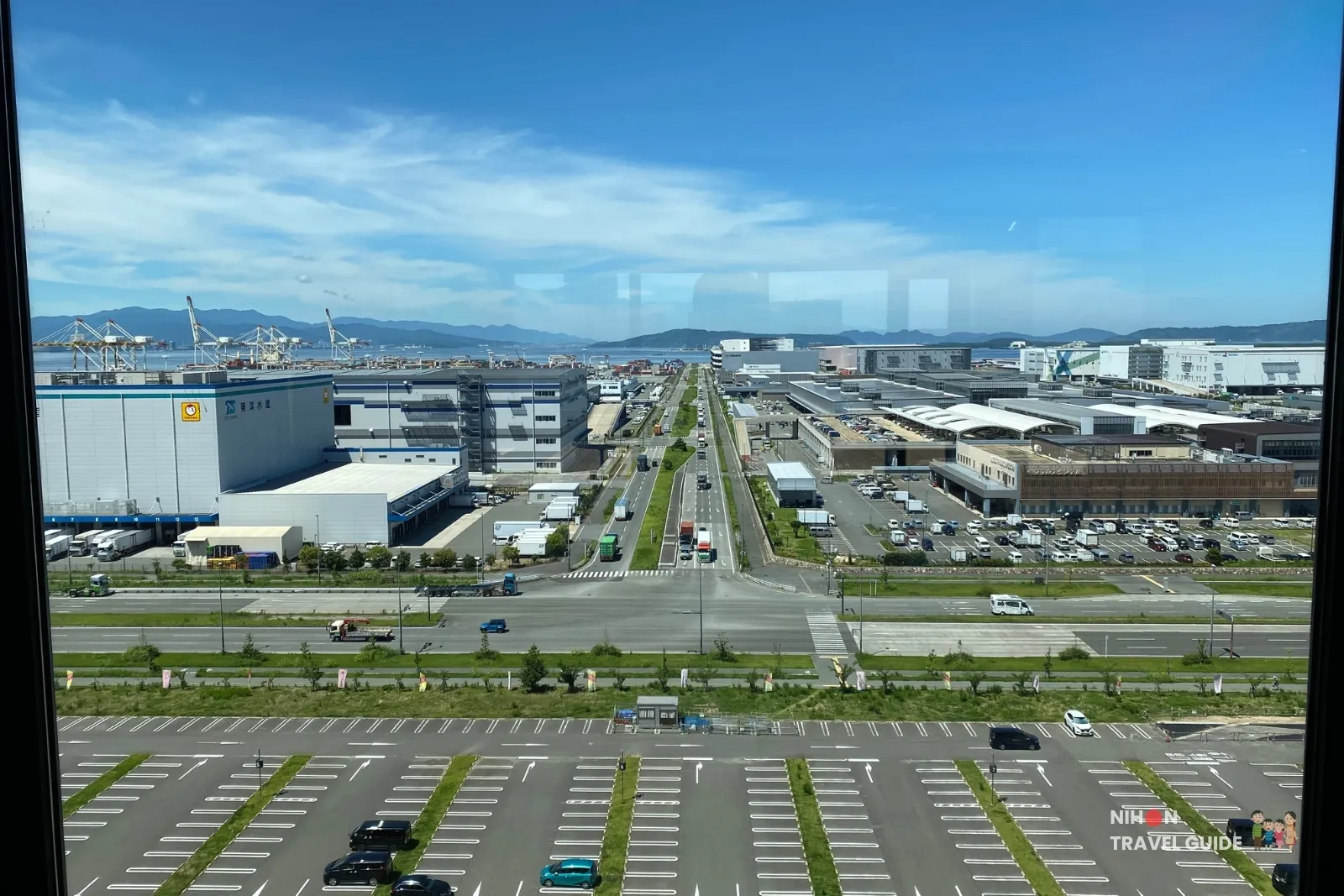 View from The358 SORA 11th floor lounge over Fukuoka Island City, the port and Hakata Bay.