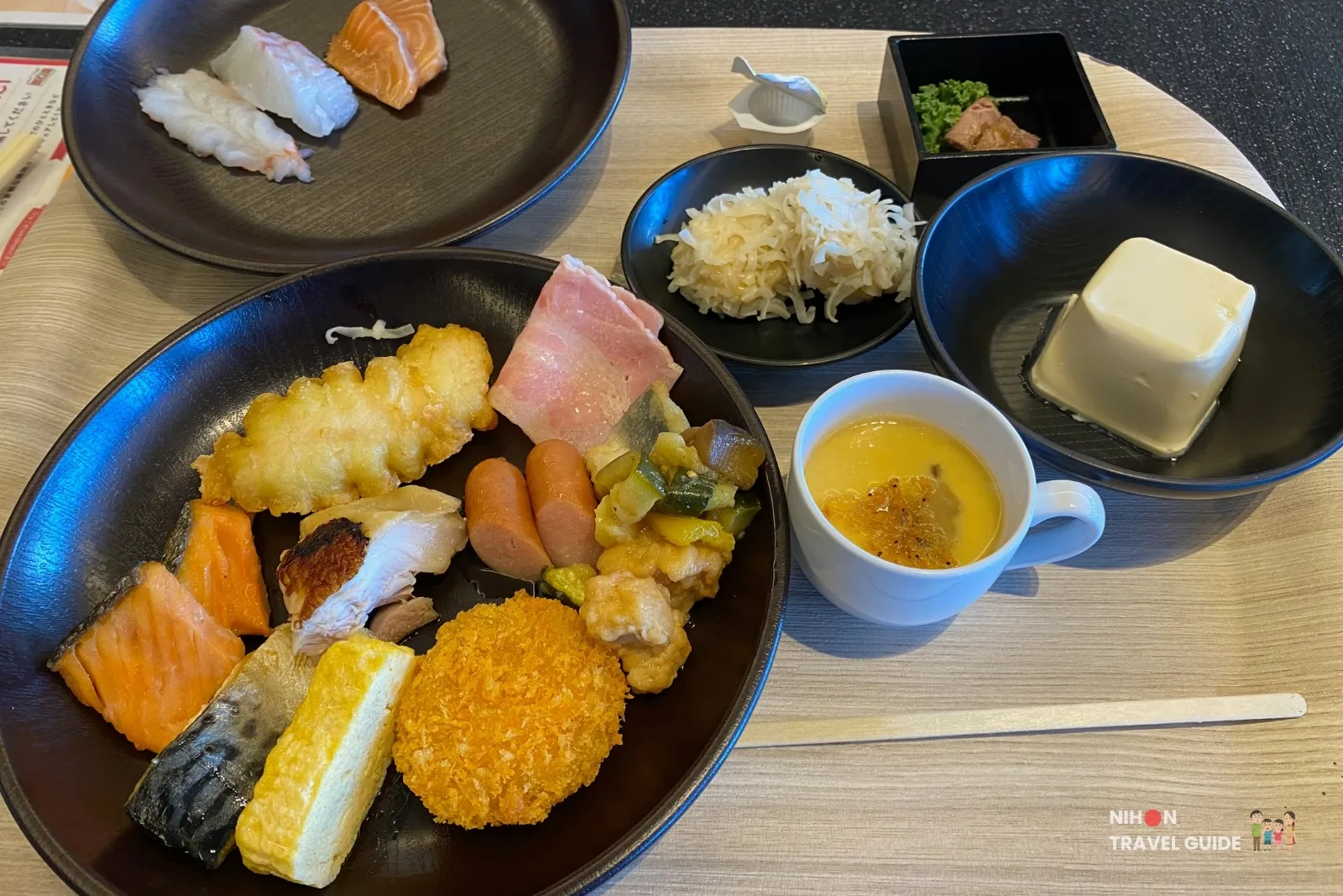 The358 SORA breakfast plate with sashimi, grilled fish, tofu, chawanmushi and さきいか 
