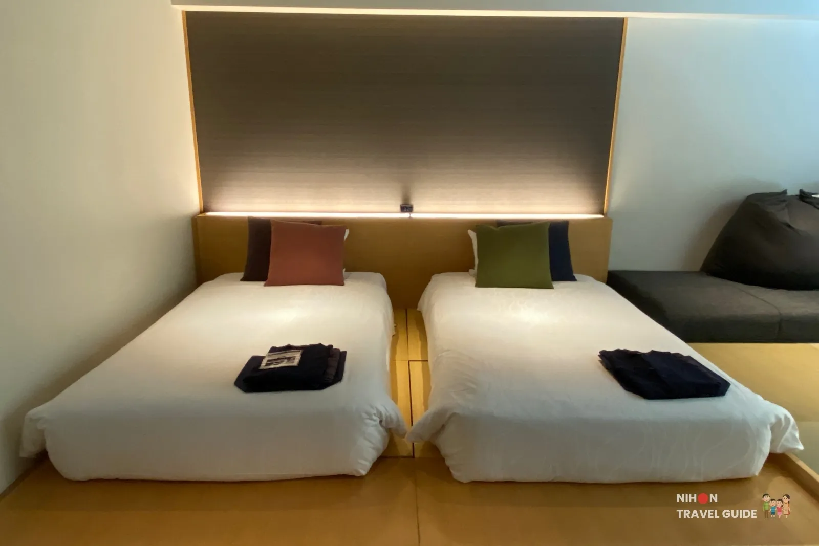 the358-sora-koagari-twin-beds-front-view Front view of the two 110cm beds on the koagari platform in The358 SORA Modern Japanese Premium Room
