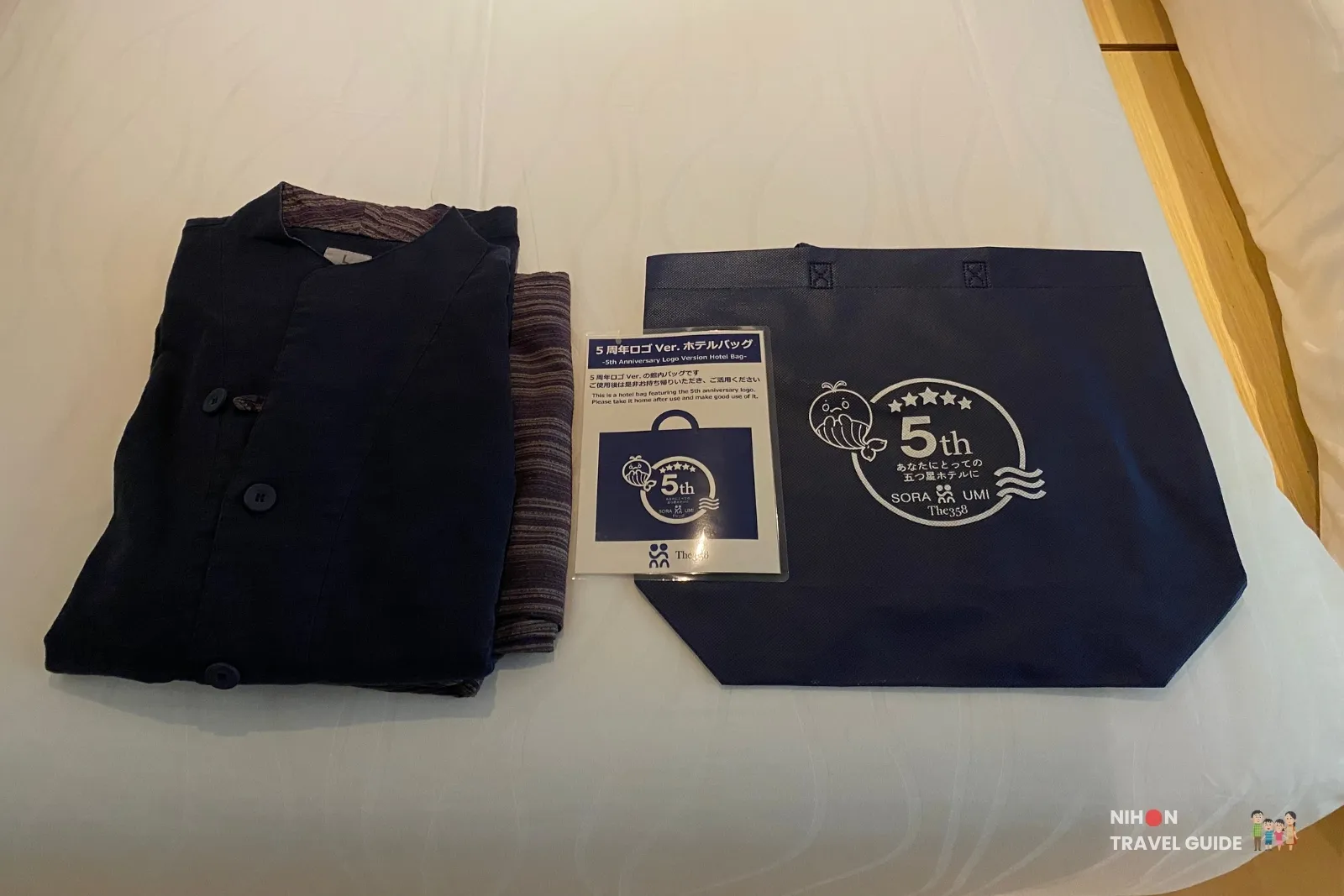 the358-sora-yukata-5th-anniversary-tote-bag Yukata and complimentary 5th anniversary tote bag in the Modern Japanese Premium Room at The358 SORA Fukuoka.