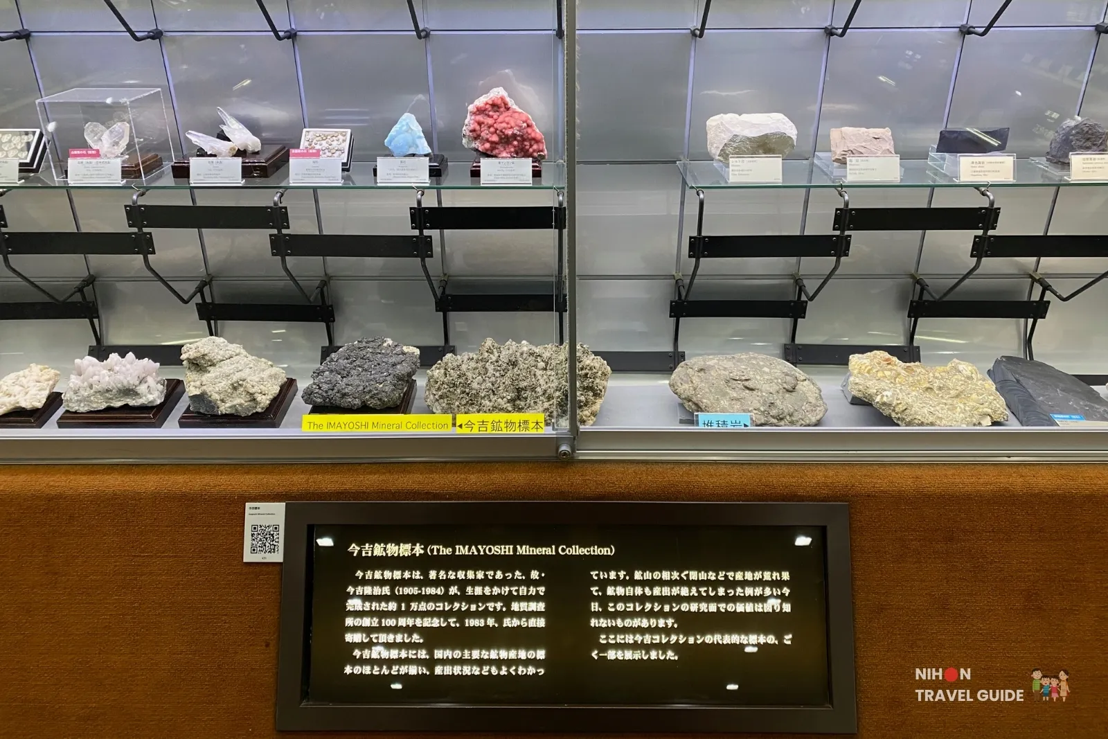 Display case of the Imayoshi Mineral Collection in Exhibition Room 4 at the Tsukuba Geological Museum, featuring colorful mineral specimens including pink and blue crystals with explanatory panels in Japanese and English.