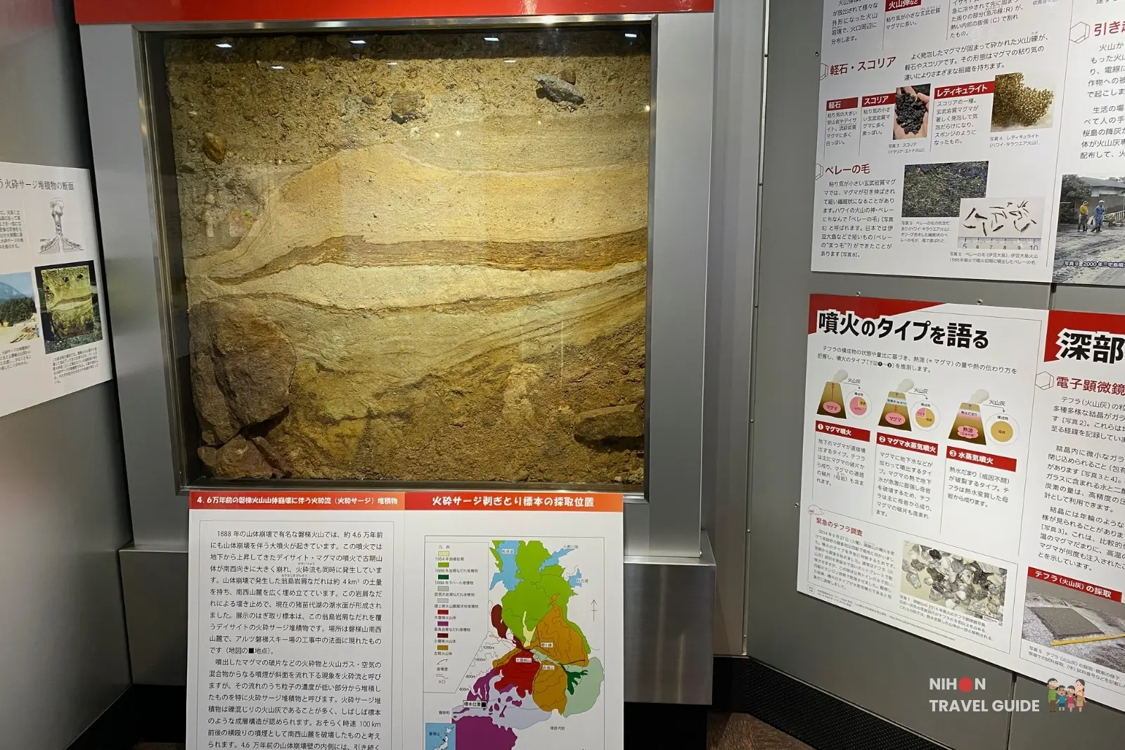 Cross-section display of a pyroclastic flow (fire surge) deposit from a past volcanic eruption in Exhibition Room 3 at the Tsukuba Geological Museum, with explanatory panels about eruption types.