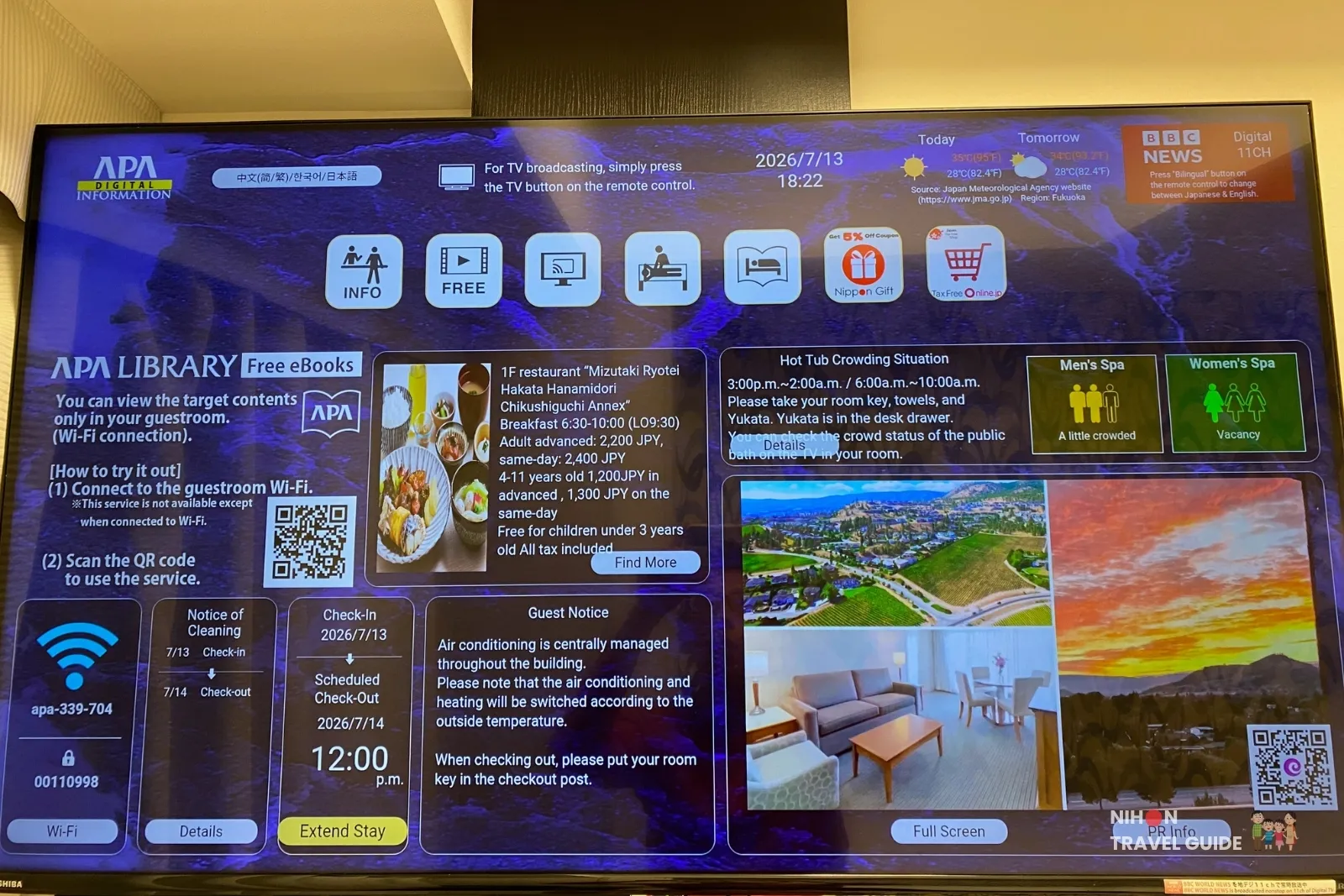 In-room TV at APA Hotel Hakata Eki Chikushiguchi showing the APA Digital Information screen with breakfast hours and prices, public-bath crowd status, Wi-Fi details, and checkout time.